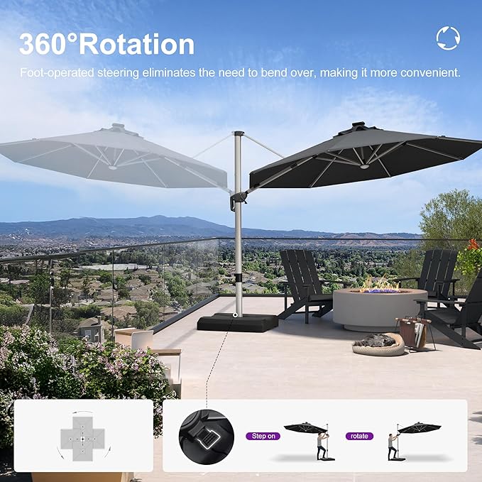 PURPLE LEAF 11ft Patio Umbrella with Lights Outdoor Round Cantilever Solar Powered LED Umbrella with 360-degree Rotation for Garden Deck Pool Patio, Grey