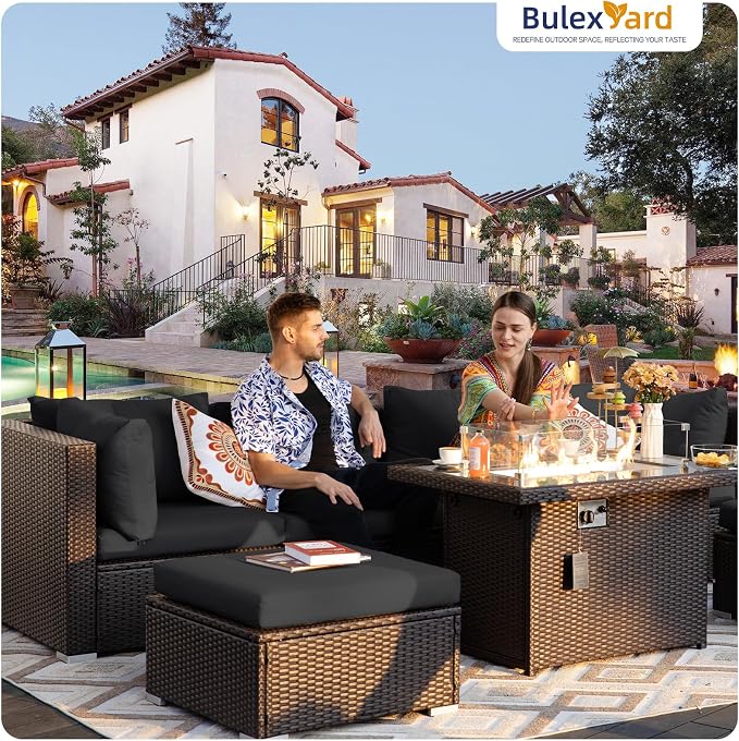 BULEXYARD 13 Piece High Back Wicker Patio Furniture Sets with Fire Pit, Elegant Oversized Outdoor Seating Set Modular, Comfy Extra Deep Wide 12-Person Sectional Couch Sofa for Backyard, Brown & Black