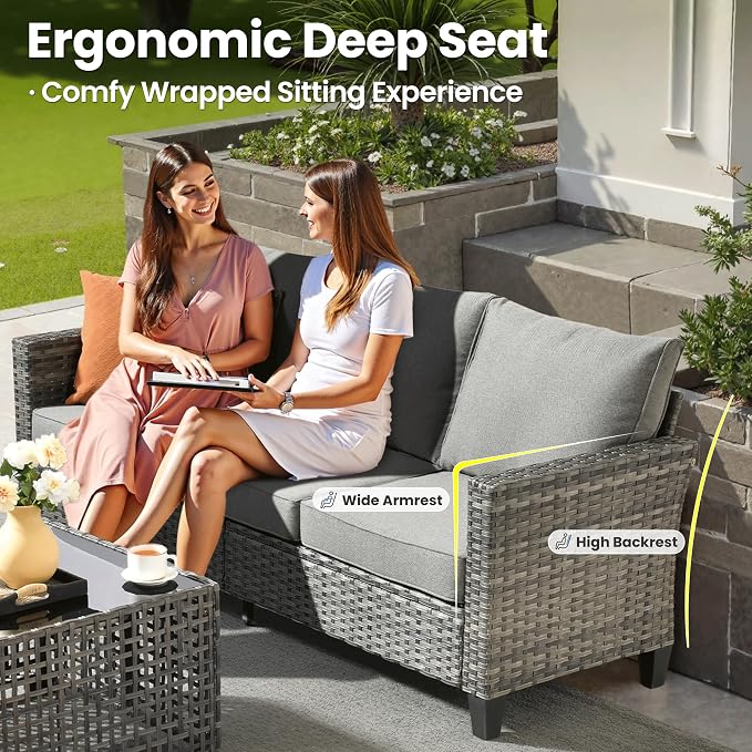 ovios 5 Pieces Patio Furniture Set, Outdoor Wicker Sofa Couch with Swivel Glider Chairs Solar Lights Table, Modern Deep Seat Rattan Conversation Sets for Deck Porch, Dark Grey