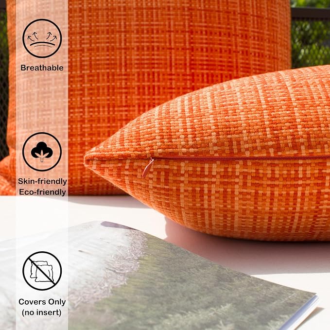 Kevin Textile Outdoor Waterproof 16x16 Inch Pillow Covers 2 Pack, Orange | Water Resistant, Faux Linen Yarn-dyed, Woven Texture Throw Pillow Covers for Tent Patio Garden Couch Sofa