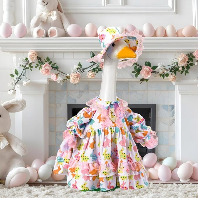 Soulchen 1 Set Easter Porch Goose Outfit 23 Inch Rabbit and Eggs Cement Goose Clothes Dress and Hat Costume Set for Easter Spring Holiday Garden Yard Decor