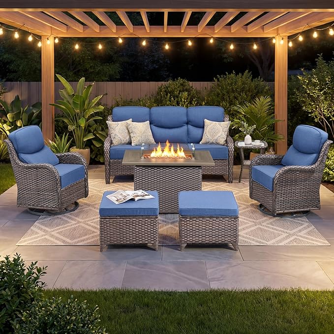 Luxury Patio Furniture Set with 6-inch Thick Cushion, Outdoor Furniture with Fire Pit Table, Swivel Chairs, Sofa, Side Table, Ottomans, 7pcs Wicker Conversation Set (Brown Wicker | Blue Cushion)