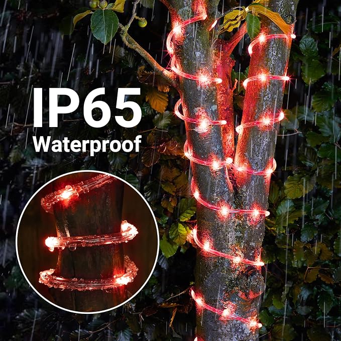 Jnaurb Solar Rope Lights, 2 Pack Total 66ft 200LED Solar String Lights, 8 Modes Waterproof Solar Outdoor Light, Flexible Clear Trampoline Light for Garden Yard Patio Deck Porch Pool Tree Decor - Red
