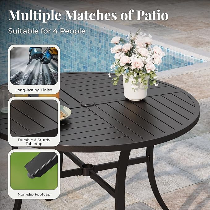 MIXPATIO Patio Table and Chairs Set for 4, 5 Pieces Outdoor Dining Set, 4 Blue Textilene Chairs and 42" Metal Round Table with Umbrella Hole, for Deck Garden Backyard Lawn Poolside