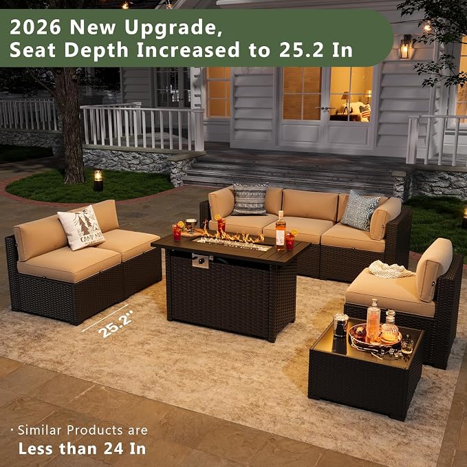 Aoxun 8 Piece Patio Furniture Set with 44” Fire Pit Table Wicker Patio Sectional Sofa Set Outdoor Seating Furniture with Thickened Cushion, Beige