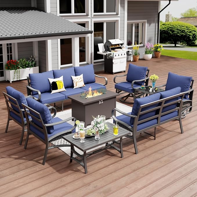 9 Piece Patio Furniture Set with 50000 BTU Propane Fire Pit Table, All Weather Outdoor Conversation Set with 2 Swivel Chairs, Sofa and Thick Cushions for Garden, Porch, Lawn, Blue