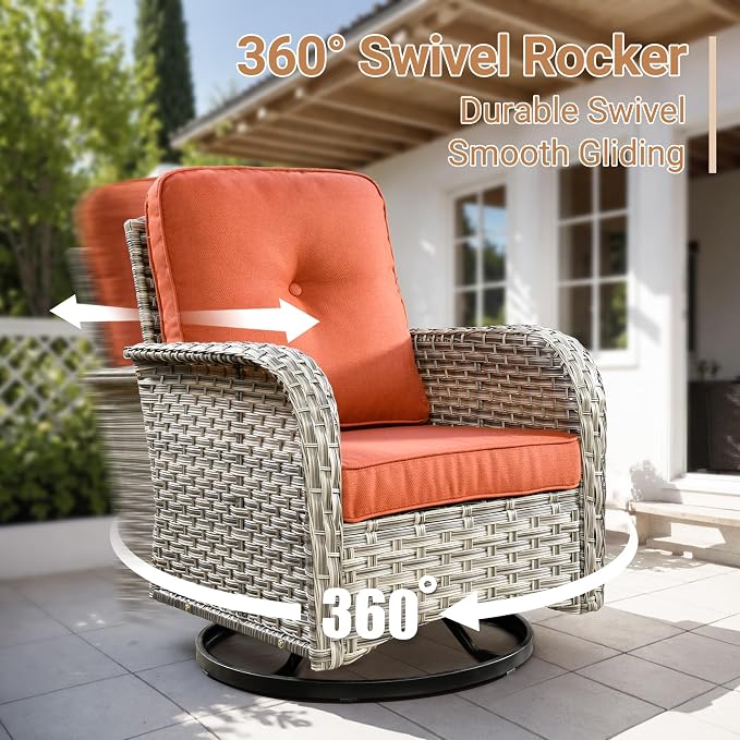 HOOOWOOO Outdoor Patio Bistro Set,3 Pieces Wicker Out Door Swivel Rocking Chair with Matching Side Table,Patio Furniture Sets,Orange Red