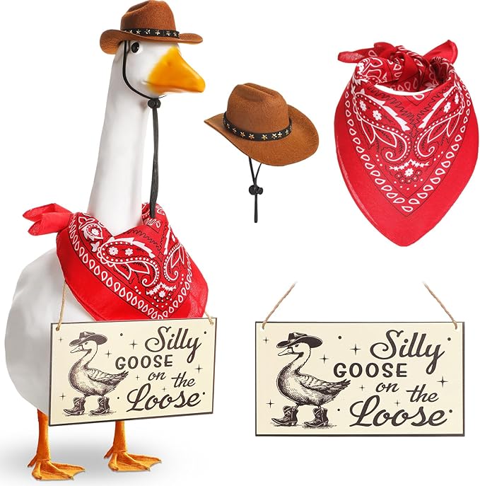 Funny Porch Goose Outfit Decoration Set Silly Goose on The Loose Hangings Sign Cowboy with Outfit Cowboy Hat Bandana for 23" Cement/Plastic Outdoor Statue Patio Yard Lawn Art(Red)