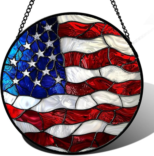 DASTOLL Stained Glass Window Hanging, Blue, White Red National Flag Pattern Sun Catchers Diamond Glass Panel Window Hangings Decor for Birthday Gifts for Women, Men, and Mom 14.9x14.9IN