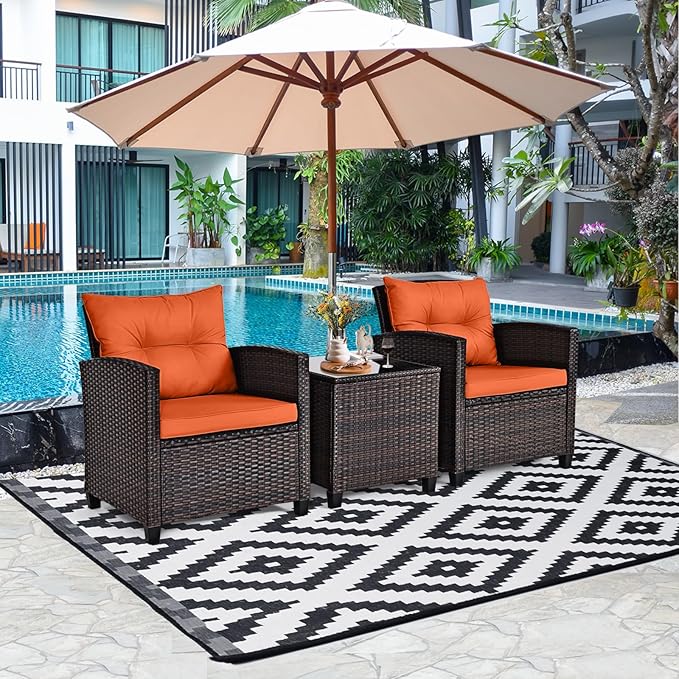 3-Pieces Patio Furniture Set, PE Wicker Chairs Sofa Set with Removable Cushions & Glass Top Side Table, Outdoor Wicker Rattan Conversation Chair for Porch,Backyard, Balcony (Orange)