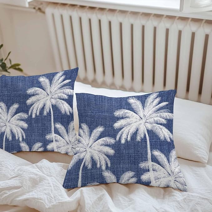 Outdoor Pillow Covers 16x16 Inch Set of 2, Indigo Blue Palm Trees Waterproof Throw Pillow Covers, Farmhouse Tropical Summer Beach Decorative Cushion Pillowcases for Couch, Sofa, Bed, Garden, Patio