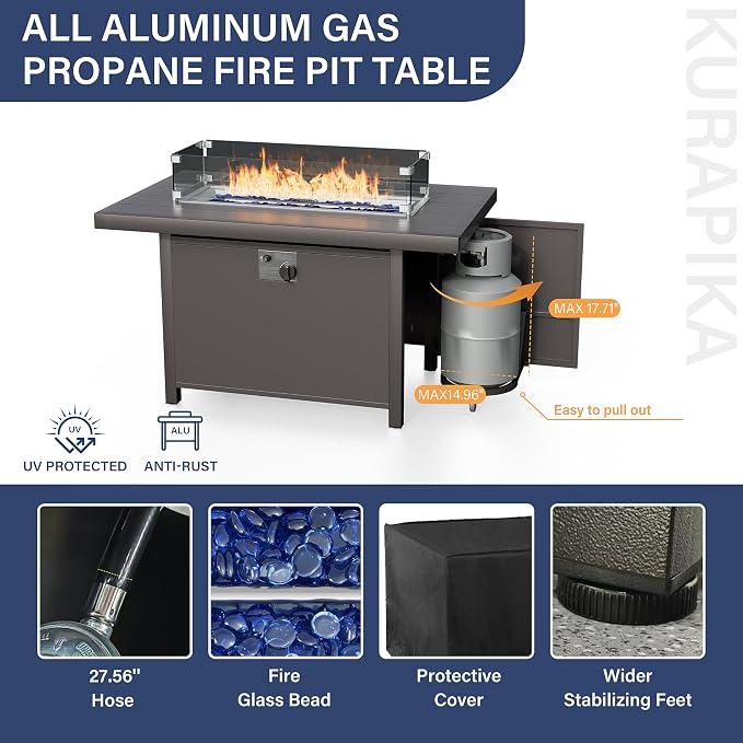 Kurapika Aluminum Patio Furniture Set 5-Seat Modern Metal Outdoor Conversation Sets w/45in Propane Fire Pit Table, Swivel Rocking Chairs Patio Sectional Sofa w/5.1 Inch Cushion, Sand