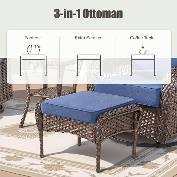 7 Pieces Outdoor Furniture Set Swivel Chairs, All Weather Wicker 3 Seater Sofa with Ottomans Rattan Side Table, Conversation Set Outdoor Seating Furniture for Deck Yard Sunroom, Blue