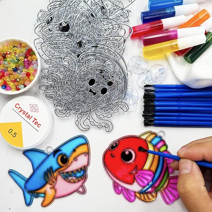 AUEKIV 32 Sets Summer Ocean Beach Suncatchers Window Art DIY Kits Sea Animals Sun Catcher Paint Your Own Crafts Window Hanging Ornaments for Home Activity Art Project Birthday Party Favors