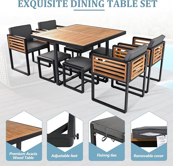9-Piece Outdoor Patio Acacia Wood Dining Table Set, Square Table with 4 Cushioned Chairs& 4 Stools, All-Weather Resistant Conversation Set with Metal Frame, Space-Saving Design for 8 (Gray-1.8)