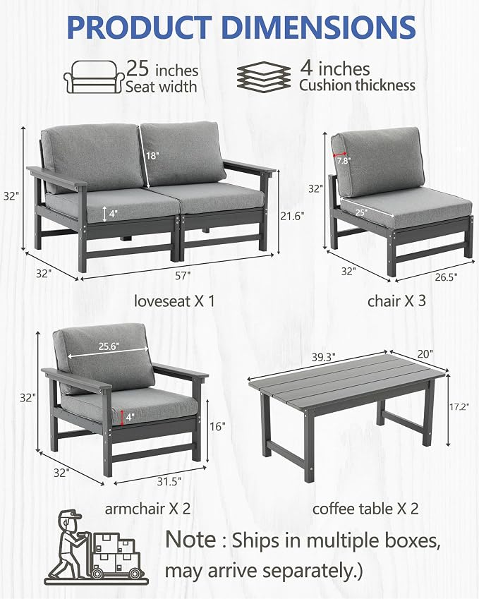 HDPE Outdoor Patio Furniture Set, 9-Piece Sofa Set with 5-Seat Couch, 2 Armchairs & 2 Coffee Tables, Weatherproof Conversation Set with Cushions, All-Weather Waterproof, for Garden, Porch & Backyard