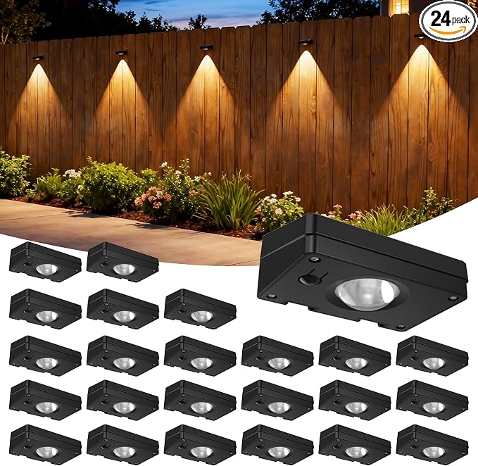 Solar Fence Lights Outdoor, 3 Color Temp, IP65 Waterproof | Cost-Effective Solar Lights for Patio Yard Railing, Easy Install (24 Pack）