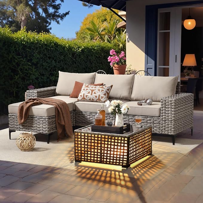 HOOOWOOO Outdoor Sectional Furniture Set with Solar Table,5 Pieces Wicker Patio Conversation Sets,L Shape All Weather Resistant Outside Couch Sofa Ottoman,Beige