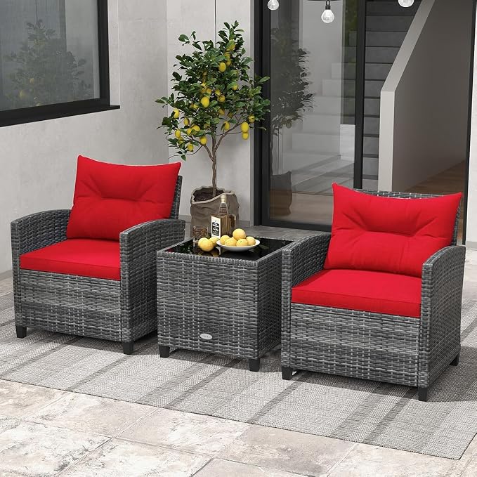 LDAILY Patio Furniture Set, 3 Pieces PE Rattan Wicker Patio Sofa Chairs with Washable Cushion & Glass Table, Outdoor Furniture Conversation Sets for Porch, Balcony, Garden, Poolside (Red)