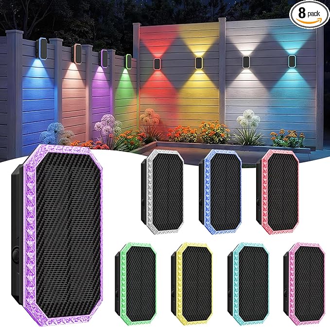 TECKNET Solar Fence Lights Outdoor 8 Pack with Bi-Directional, Uplight & Downlight, Solar Powered Fence Wall Lights Waterproof IP67 8 Colors & RGBW Dynamic Cycling for Outdoor/Patio/Porch/Pool Cage