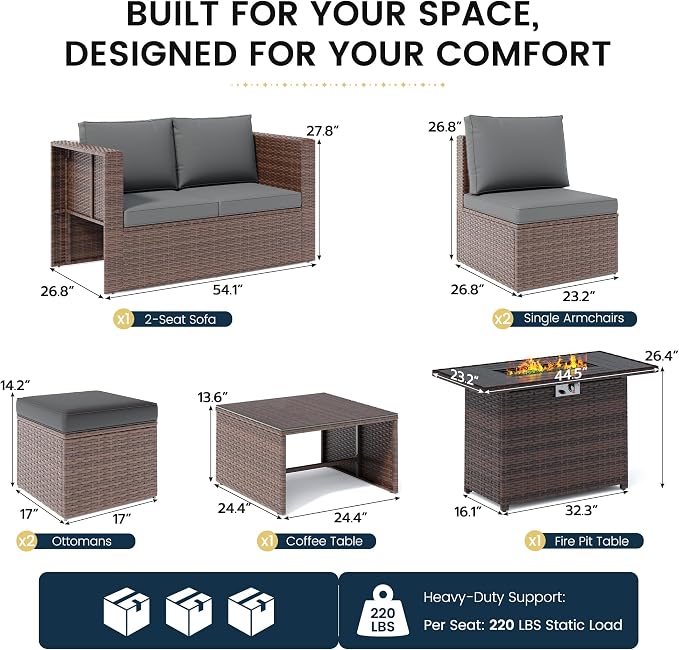 Amopatio Patio Furniture Set with Fire Pit Table, All-Weather Wicker Outdoor Conversation Sofa Set with Glass Coffee Table, Cushions & Ottomans for Deck Backyard Porch Lawn Brown/Dark Grey