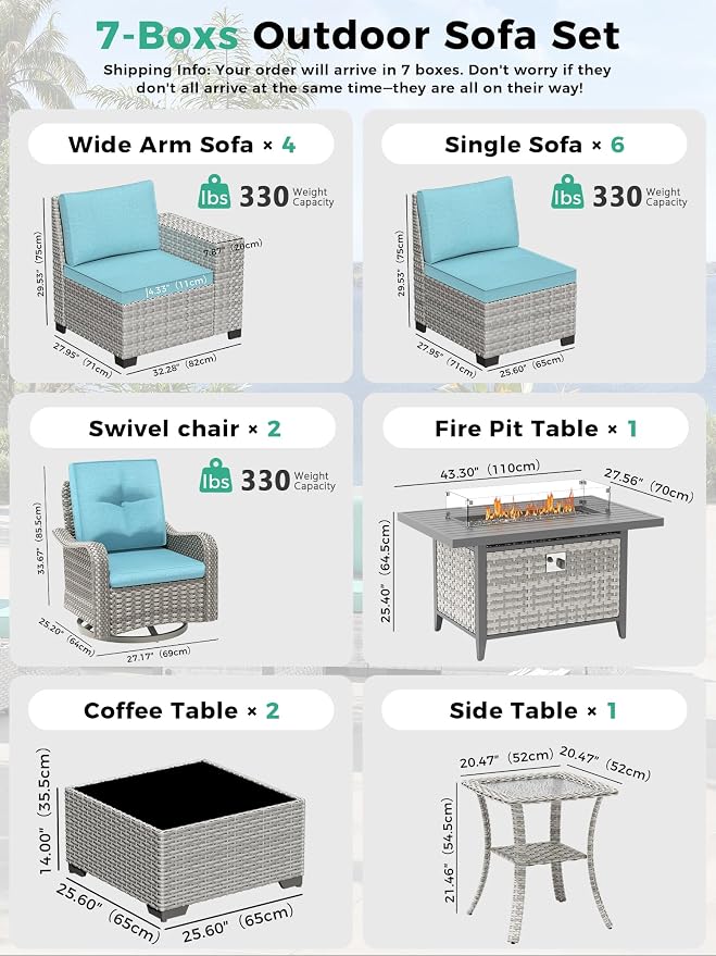 16 Piece Outdoor Wicker Sectional Sofa Set with Swivel Chairs & Fire Pit Table, 12-Seats with 4" Thickened Cushions & Coffee Table, All-Weather PE Rattan for Garden, Backyard, Porch, Turquoise