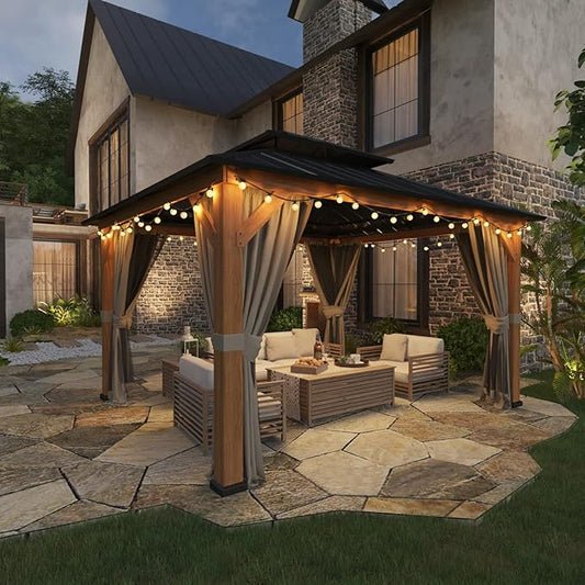 EAGLE PEAK 11x13 Hardtop Gazebo, Galvanized Steel Double Roof Gazebo with Cedar Wood Frame, Outdoor Pavilion with Netting and Curtains for Patio, Deck. Lawn and Garden, Natural Wood/Black
