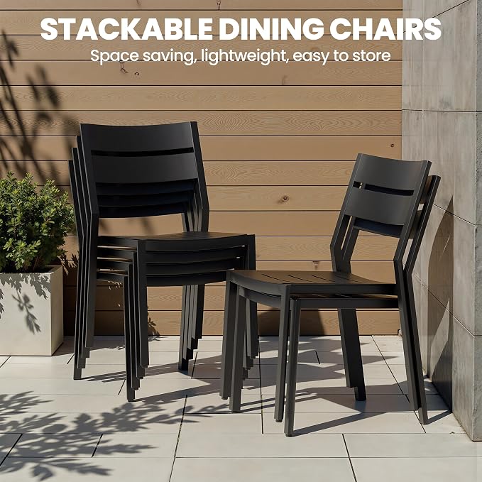 Aluminum Stackable Outdoor Dining Chairs Set of 2, Weather-Resistant Modern Black Patio Armless Chair with Slat Back for Garden, Poolside, Backyard & Porch | Modern Black Patio Armless Chair with Slat Back for Garden, Poolside, Backyard & Porch