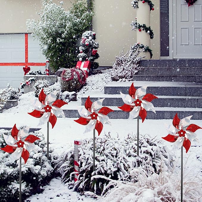 Hausse 10 Pack Reflective Pinwheels (Assembly Required), Sparkly Wind Sculptures for Garden Christmas Holiday Winter Decor, Deterrent to Scare Birds Away from Yard Patio Farm, Red & Silver
