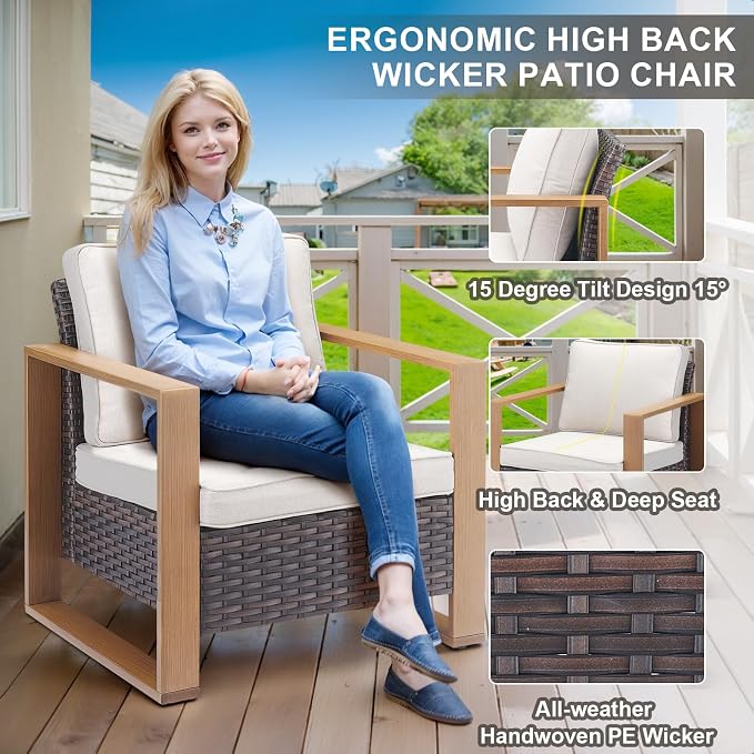 Belord Full 4 Pieces Patio Furniture Set with 41” Propane Fire Pit Table, Outdoor Conversation Set with Patio Chairs Set of 2 and Rattan Sofa for Deck Backyard