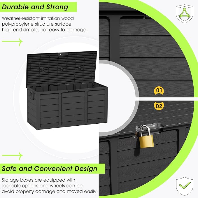 75 Gallon Outdoor Deck Box – Heavy Duty Waterproof Storage with Lockable Lid, UV & Weather Resistant Resin for Patio Furniture, Cushions(Black)