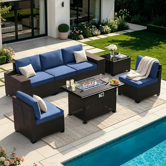 Patio Furniture Set 7 Pieces Outdoor Furniture Patio Conversation Set w/43in Gas Fire Pit,PE Rattan Wicker 7 Pcs Outdoor Sofa Set w/55000 BTU Propane Fire Pit Table,NavyBlue