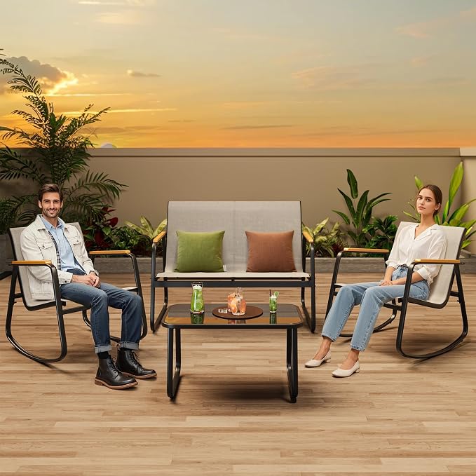 Ahomly 4-Piece Outdoor Patio Furniture Set, All Weather-Resistant Textile Fabric Outdoor Conversation Set with Coffee Table, Patio Rocking Chairs for Lawn, Balcony, Poolside (Grey)