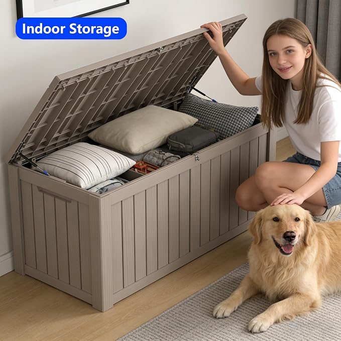 150 Gallon Outdoor Storage Box Resin Deck Box All Weather Waterproof Large Lockable Storage Container Deck Box for Patio Furniture, Garden Tools, Lockable, Grey