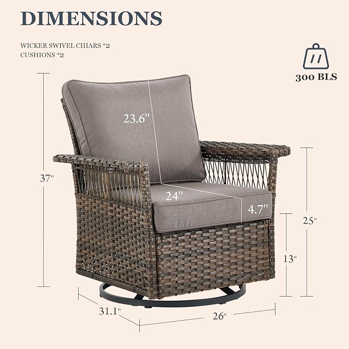Patio Furniture Set Wicker Swivel Glider Chairs PE Rattan Sofa Ottomans with Grey Cushions Patio Coffee Table and Side Table Brown Wicker Patio Conversation Set 7pcs for Patio