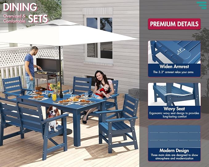 BRIOPAWS Outdoor-Dining-Table-Set | 5 Piece | HDPE | 2 Benches and 2 Chairs Sets for 6 | Patio Dinner Furniture | All Weather | Umbrella Hole | for Poolside Deck Backyard Outdoors | Blue