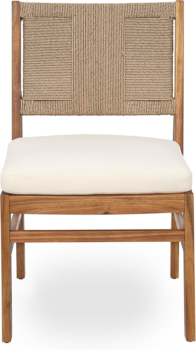 Christopher Knight Home 7 Piece Outdoor Dining Set, 71" Acacia Wood Patio Table with 6 Light Brown Wicker Chairs and Cream Cushions, Teak Finish Wood Dining Table Set for Backyard Garden Porch Deck