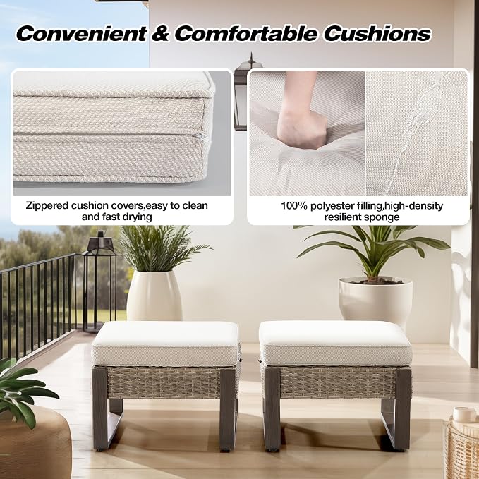 Joyside Outdoor Patio, All-Weather PE Rattan Ottomans Footstools with Removable Cushions & Anti-Rust Wood-Looking Legs for Garden, Backyard, Porch, Deck (Beige)