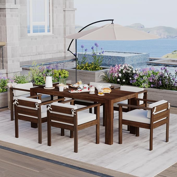 7-Piece Patio Dining Table Set for 6, Outdoor Furniture Sets with 71" Rectangle Table and Removable Cushions,for Backyard Garden Poolside (Mocha + Beige#m)