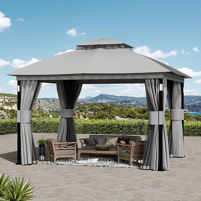 Covered Outdoor Patio Gazebo 10'x12' with LED Lights & Bluetooth Speaker, Heavy Duty Outdoor Canopy Shelter with Metal Frame, Double Roofs, Soft Top Gazebo with Netting and Curtains for Backyard, Gray