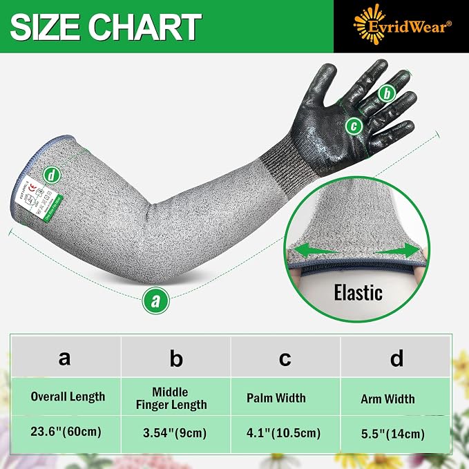 Evridwear Long Sleeve Gardening Gloves for Women & Men | Cut Resistant,Nitrile Coated,Anti-slip,Full Arm Protective Gloves for Poison Ivy,Thorn Proof,Gardening,Farming