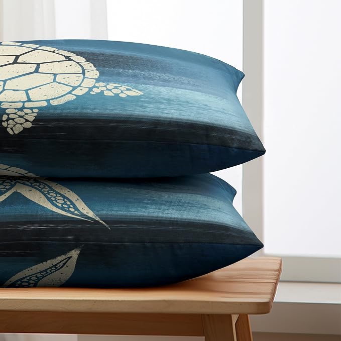 Starfish and Turtle Pillow Covers Sea Ocean Coastal Theme Rectangle Pillow Case 12x20 Beach Nautical Navy Blue Lumbar Throw Pillow Covers for Bedroom Living Room Sofa 2 Pack
