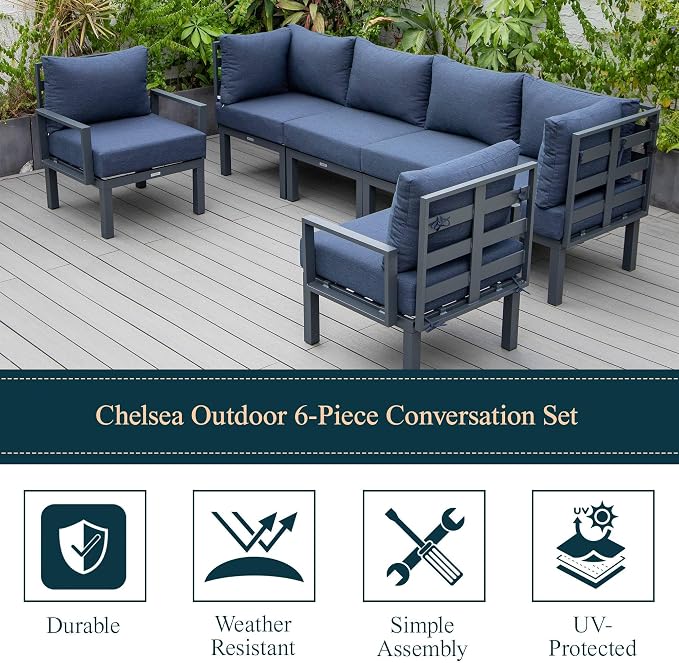 LeisureMod 6-Piece Patio Sectional Set in Black Aluminum with Removable Blue Cushions for Patio and Backyard Garden