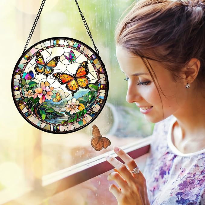 DASTOLL Stained Glass Window Hanging, Butterflies Flying in the Sky Suncatcher for Doors Home Sun Catchers Decoration and Christmas, Mother's Day Birthday Gifts for Women, Men, and Mom 6.3 in