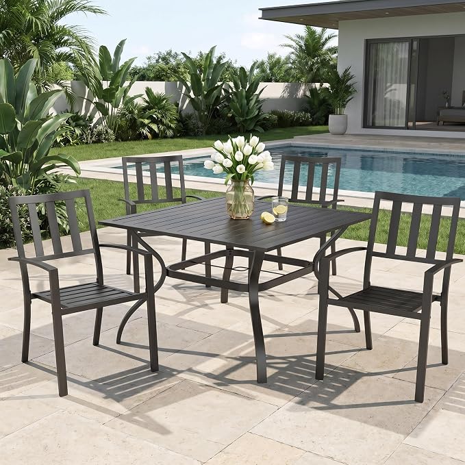 MFSTUDIO Outdoor Table and Chairs Set for 4 w/Umbrella Hole | Durable metal frame, rust-resistant. Includes 4 chairs & patio table w/ umbrella hole. Perfect for deck, yard or patio.