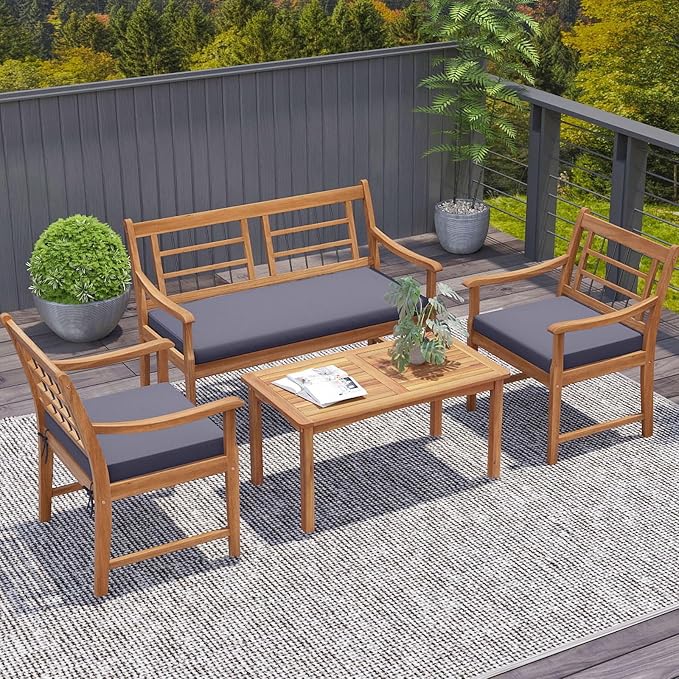 RELAX4LIFE Wood Patio Furniture Set - 4-Piece Outdoor Furniture w/Seat Cushions & Coffee Table, Loveseat Sofa Set for Balcony Porch Deck Poolside Backyard, Acacia Wood Conversation Set (Grey)