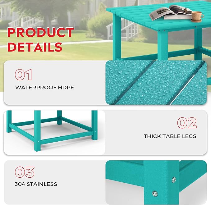 Costaelm Patio Conversation Set, 5 piece Balcony Furniture, Small Patio Firepit Furniture Outdoor Adirondack Square Coffee Table and Chair for Backyard Lawn Porch Pool Garden, Turquoise