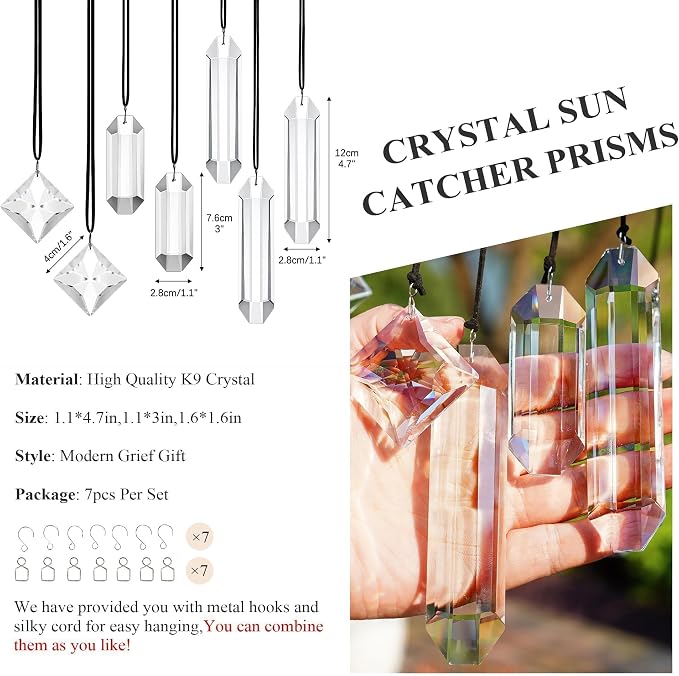 Set 7 Clear Crystal Prisms Suncatchers Window Hanging, Modern Grief Gift | Hanging Crystals,Glass Ornament For Christmas Tree,Rainbow Maker,Sun Catcher Indoor Window,Home Garden Decoration,Glass Prism