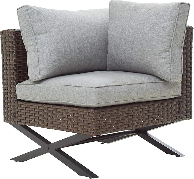 LOKATSE HOME Rattan Corner Sofa X Shape Leg Outdoor Furniture Patio Left-arm Chair with Cushions for Garden, Pool, Backyard, Brown