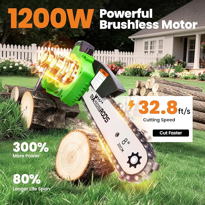 maXpeedingrods Electric Chainsaw Cordless, 8 Inch & 6 Inch Mini Chainsaw with 3.0Ah Battery, Brushless, Auto Oiler & Tool-Free Tensioner, Handheld Portable Chainsaw (8inch Light Green with 3.0Ah)